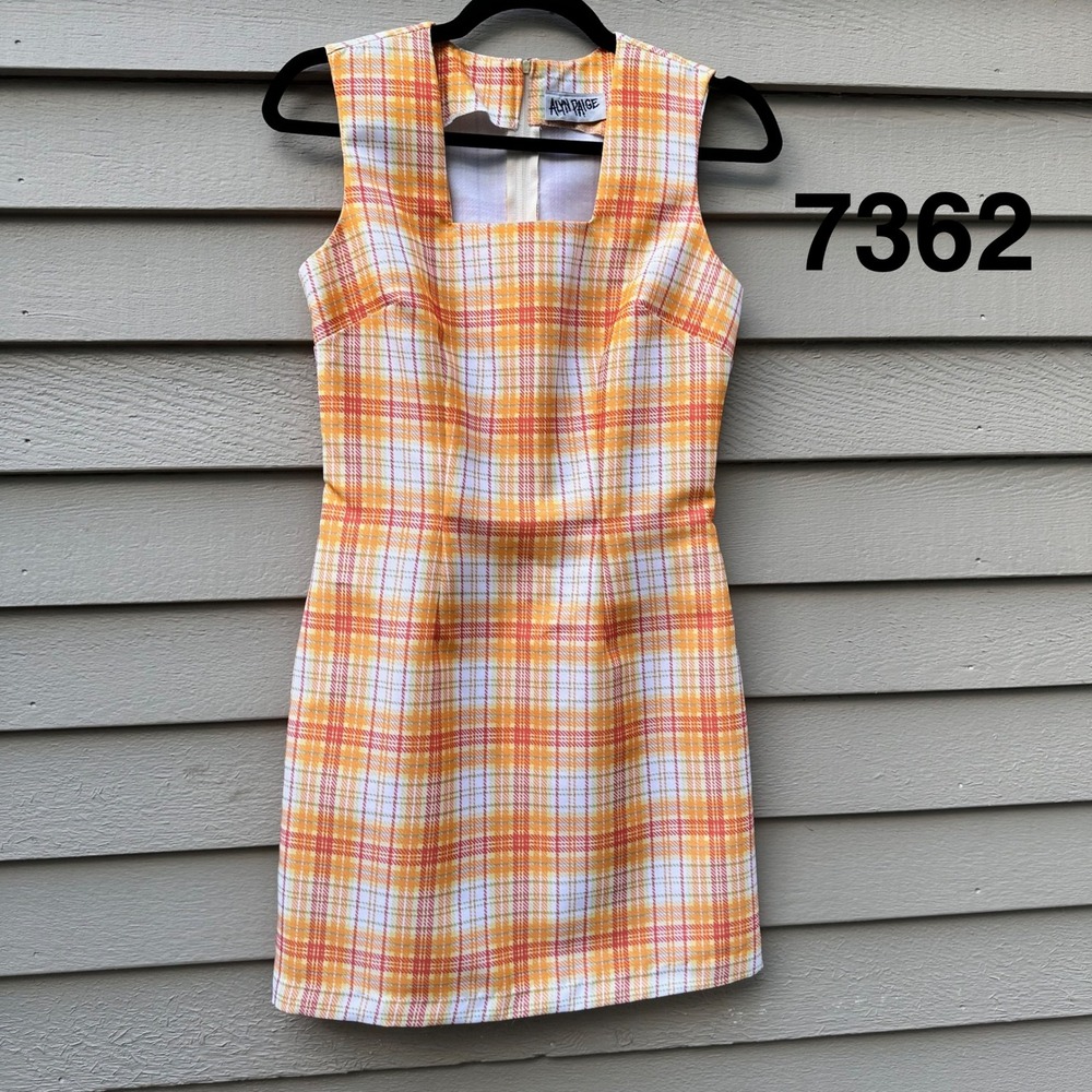 Alyn Paige Orange Yellow Plaid Square Neck Sleeveless Mini Dress Sz 3/4 Vintage